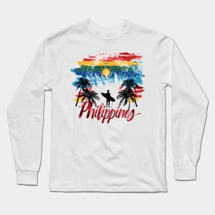 Philippines Vibes - Colourful palm trees and surfer Long Sleeve T-Shirt